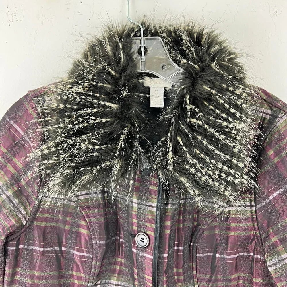 CHICOS sz 0 (S) Reversible‎ Solid Gray Burgundy Plaid Faux Fur Collar Jacket